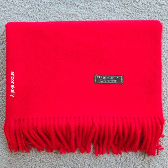 Wool/Cashmere Red Scarf with Fringe Virgin Wool - Picture 13 of 13